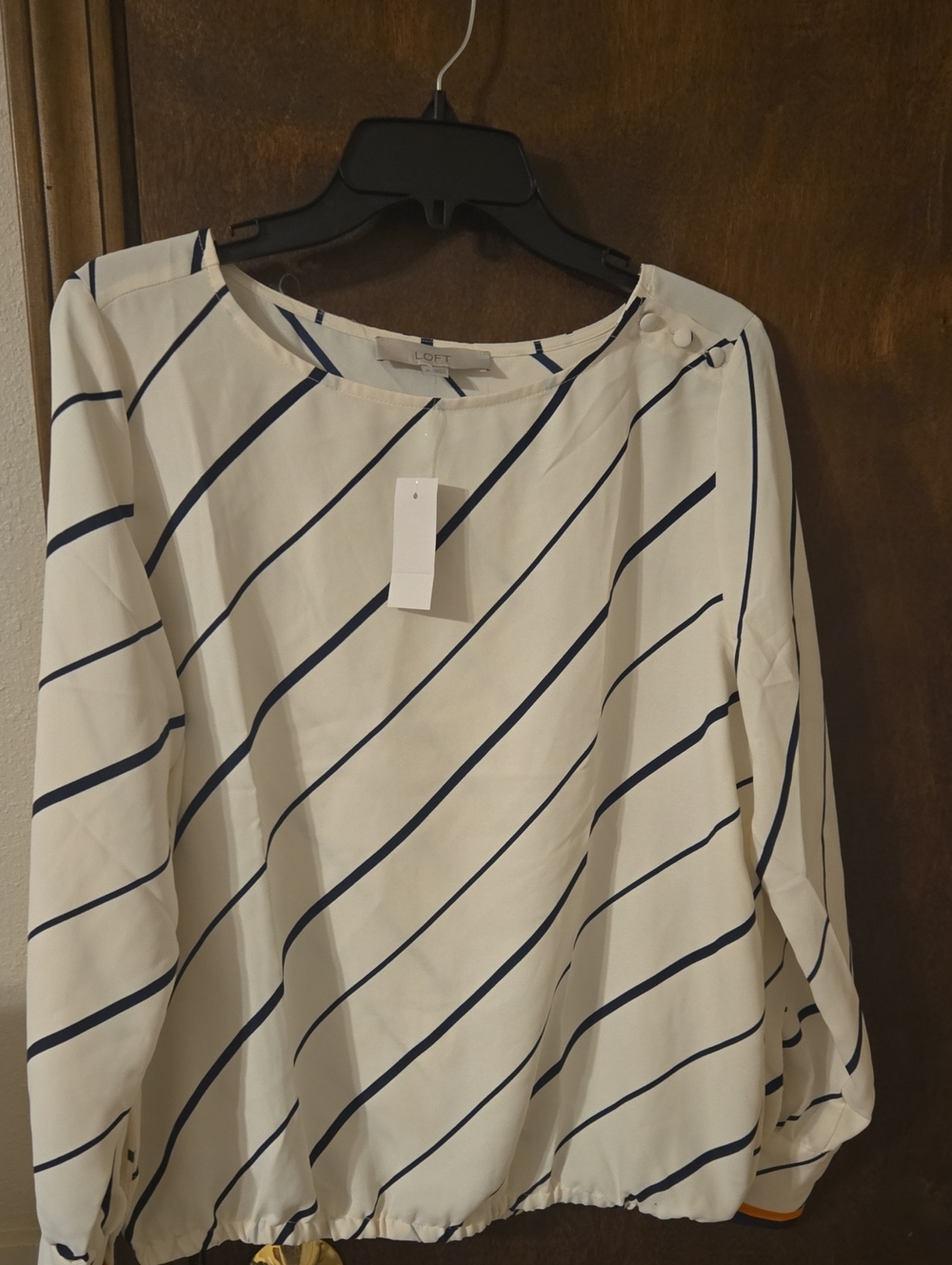 LOFT White Blouse with Navy Diagonal Stripes and Shoulder Buttons